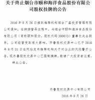 关于终止烟台市颐和海洋食品股份有限公司股权挂牌的公告